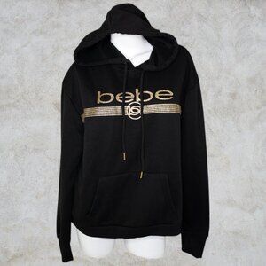 Bebe Black and Gold Women's Logo Hoodie with Drawstring Activewear Sportswear